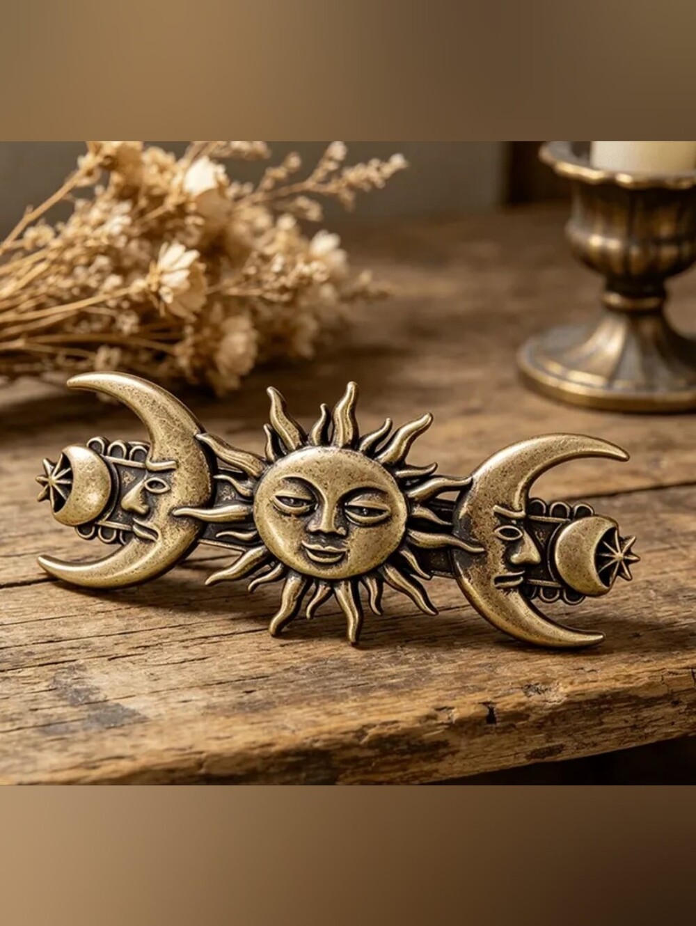 🌞 New Mystical Sun Moon Star Bronze Hair Clip Barrette Hippie Vintage-style🌛